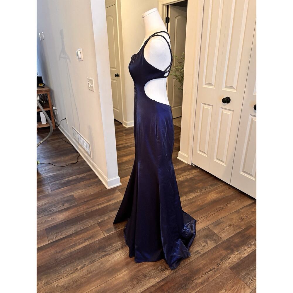 La Femme Y2K Blue Mermaid Flair Evening Gown Formal Prom Dress Illusion Plunge 6 - Picture 7 of 12